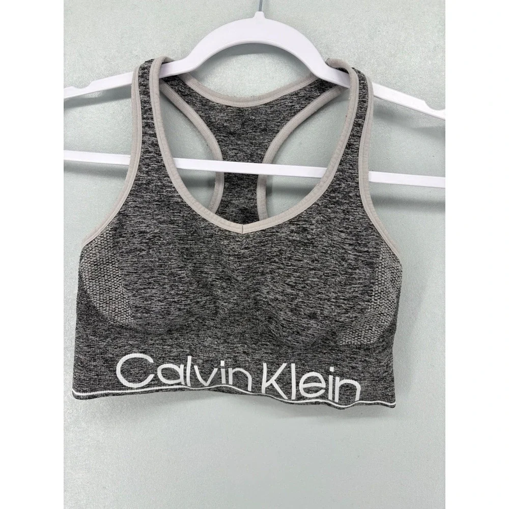 Calvin Klein Womens Sports Bra Gray Heather Performance Racerback Seamless S